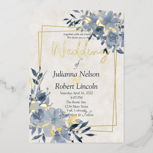 Invitation En Aluminium Mariage à l'aquarelle bleue florale et dorée (Recto)