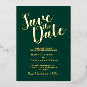 Invitation En Aluminium Mariage à l'Écriture Moderne Émeraude Or Date de S