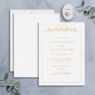Invitation En Aluminium Mariage à monogramme avec bordure florale dorée