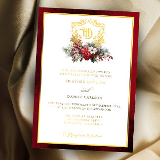 Invitation En Aluminium Mariage à Monogramme Crête Florale de Noël Classiq