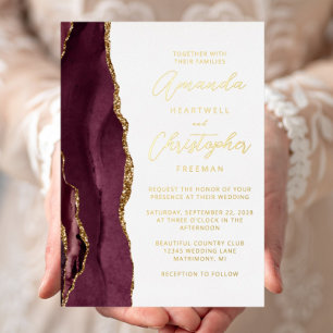 Invitation En Aluminium Mariage Agate Bourgogne Or Script