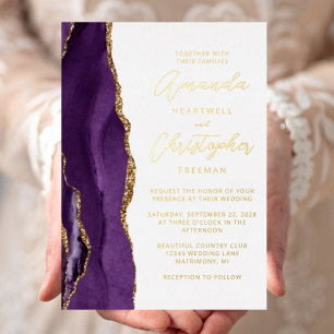 Invitation En Aluminium Mariage Agate Purple Gold Script