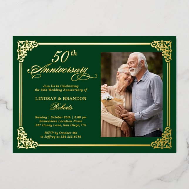 Invitation En Aluminium Mariage Anniversaire Damask Luxurious Gold Foil (Recto)