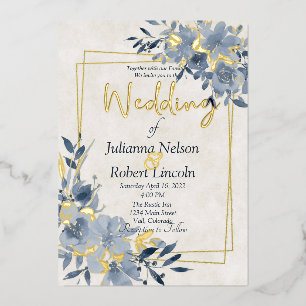Invitation En Aluminium Mariage aquarelle bleu floral et cadre or
