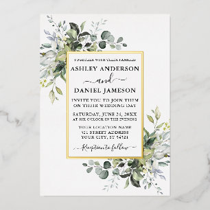 Invitation En Aluminium Mariage Aquarelle Verdure Élégant Or