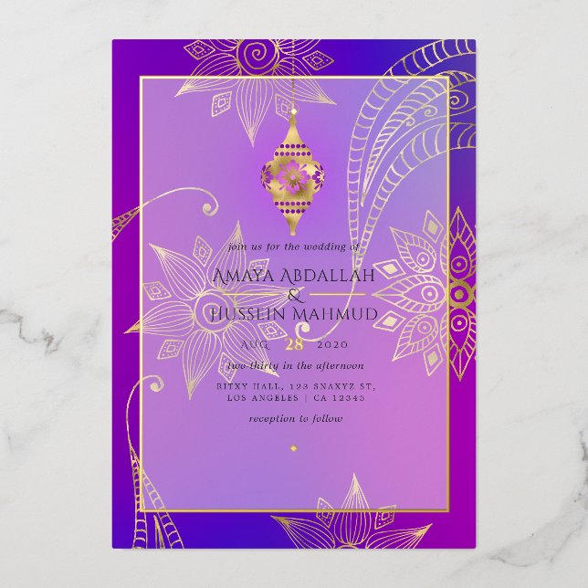 Invitation En Aluminium Mariage arabe violet et or (Recto)