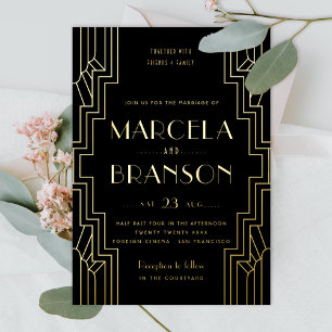 Invitation En Aluminium Mariage Art déco en fer noir et or