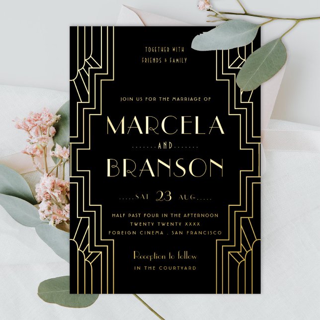 Invitation En Aluminium Mariage Art déco en fer noir et or (Créateur téléchargé)