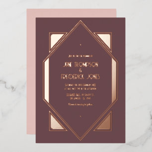 Invitation En Aluminium Mariage Art Déco Gatsby Rose Gold et Prune Mauve