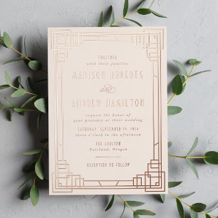 Invitation En Aluminium Mariage Art Déco Moderne Ivoire et Or Rose