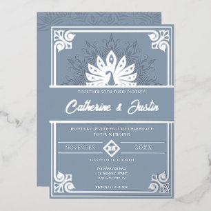 Invitation En Aluminium Mariage Art Déco Moderne Paon Argent