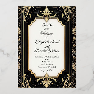 Invitation En Aluminium Mariage Art Déco noir et or vintage
