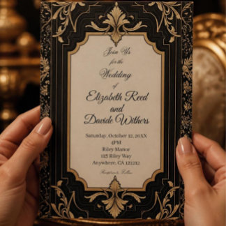 Invitation En Aluminium Mariage Art Déco noir et or vintage