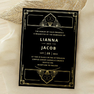 Invitation En Aluminium Mariage Art Déco Vintage Or et Noir des Années 20