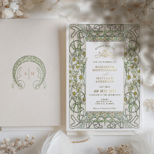 Invitation En Aluminium Mariage Art Nouveau Fleur de Pâquerette Vintage Or