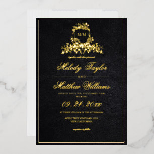 Invitation En Aluminium Mariage au blason de calligraphie royale noir et o