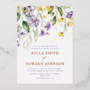 Invitation En Aluminium Mariage au monogramme floral or et violet