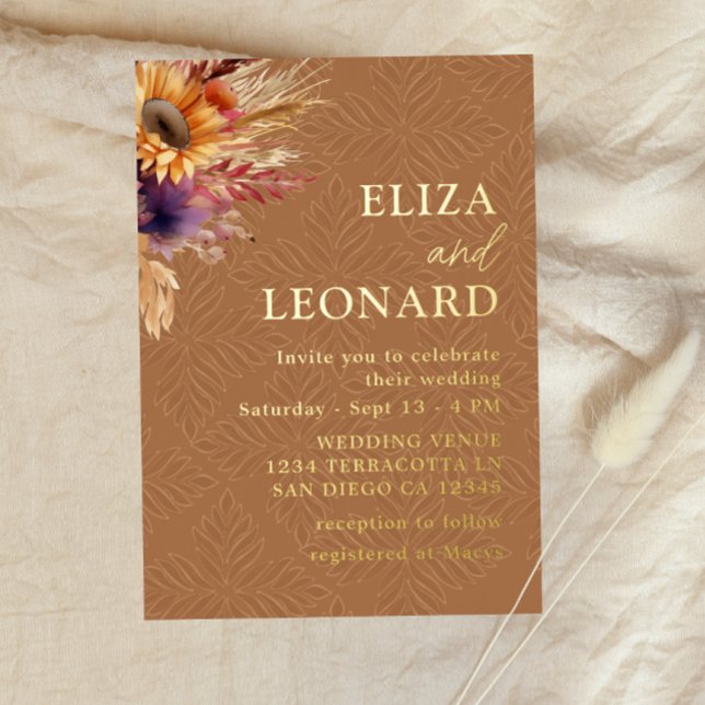 Invitation En Aluminium Mariage au tournesol boho et herbe de pampa (Créateur téléchargé)