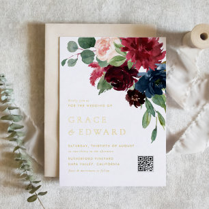 Invitation En Aluminium Mariage avec code QR floral bleu marine et Bourgog