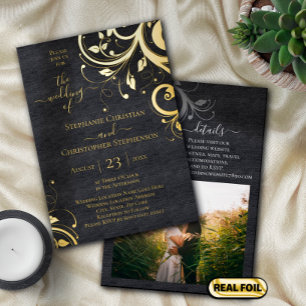 Invitation En Aluminium Mariage avec photo de tourbillons et feuilles somb