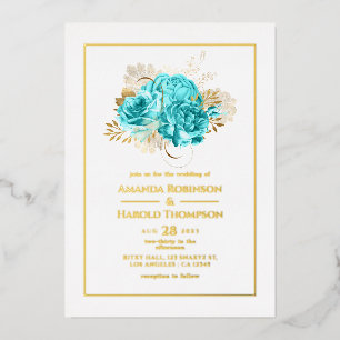 Invitation En Aluminium Mariage bleu Aqua et or Floral