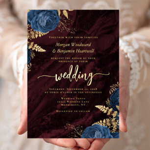 Invitation En Aluminium Mariage bleu de marine or floral bordeaux