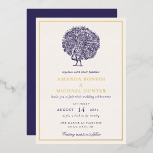 Invitation En Aluminium Mariage bleu de minuit de paon élégant vintage