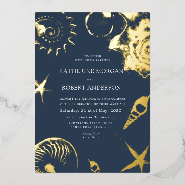 Invitation En Aluminium Mariage bleu or de mariage de plage (Recto)