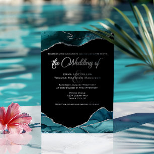 Invitation En Aluminium Mariage Bleu Turquoise Argent Faux Paillettes Agat