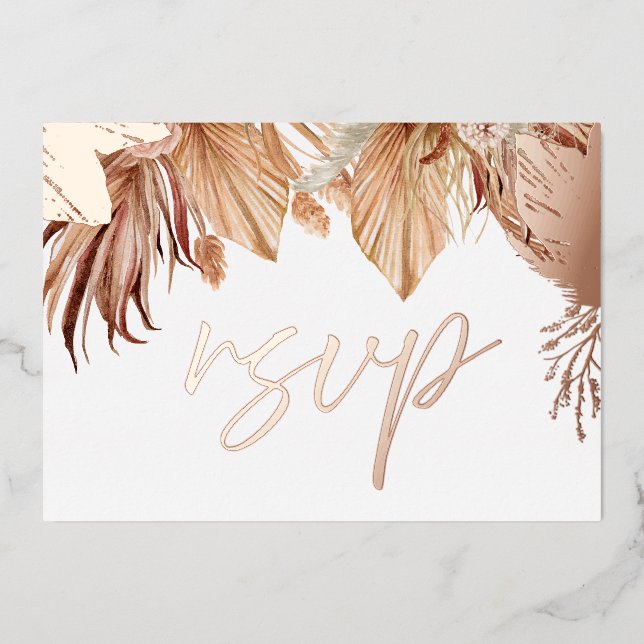 Invitation En Aluminium Mariage Bohème Fleurs Séchées Rose Or Feuille RSVP (Recto)