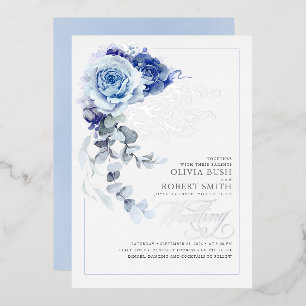 Invitation En Aluminium Mariage Bohème Floral Bleu Poussiéreux et Bleu Nui