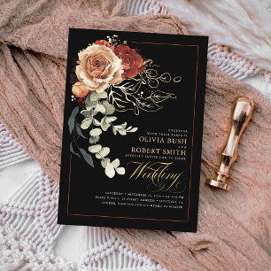 Invitation En Aluminium Mariage Bohème Noir Fleurs Terracotta Brûlé Orange
