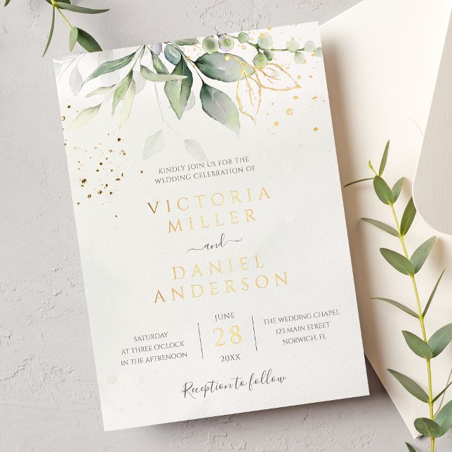 Invitation En Aluminium Mariage botanique feuilles d'or Eucalyptus Greener (Créateur téléchargé)