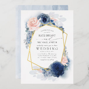 Invitation En Aluminium Mariage botanique floral bleu poussiéreux et rose