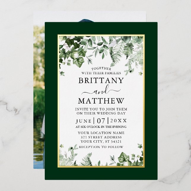 Invitation En Aluminium Mariage Botanique Ivy Sage Ferns Photo Gold (Recto/Verso)