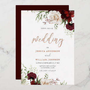 Invitation En Aluminium Mariage Burgundy & Fleurs Blanches Feuille Rose Or