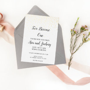 Invitation En Aluminium Mariage calligraphié deux en un avec confettis dor