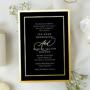 Invitation En Aluminium Mariage Calligraphie Moderne Noir & Blanc Or