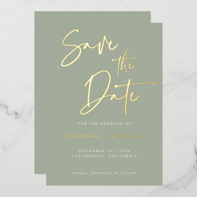 Invitation En Aluminium Mariage Calligraphie Moderne Vert Sauge Or (Recto/Verso)