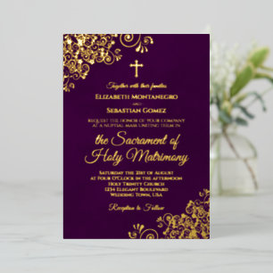 Invitation En Aluminium Mariage catholique élégant prune pourpre & or