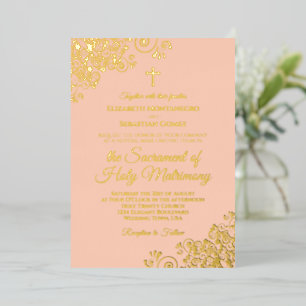 Invitation En Aluminium Mariage Catholique Moderne Élégant Corail Abricot
