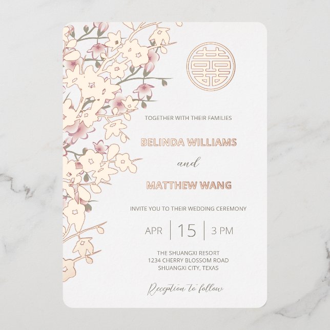 Invitation En Aluminium MARIAGE chinois BILINGUAL Dusty Rose Rose Gold (Recto)