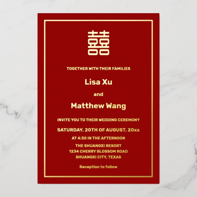 Invitation En Aluminium MARIAGE chinois BILINGUAL Red Gold (Recto)