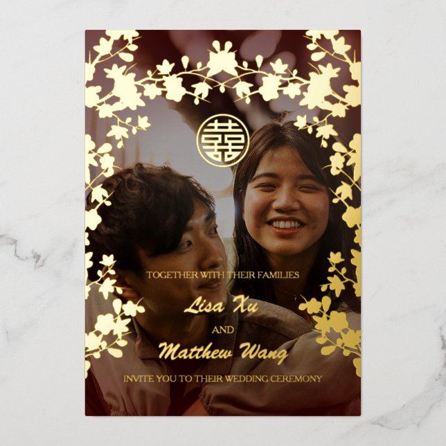 Invitation En Aluminium MARIAGE chinois BILINGUE Photo Gold Foil (Recto)