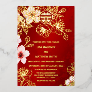Invitation En Aluminium Mariage Chinois Cerisier Fleurissant Or Rouge