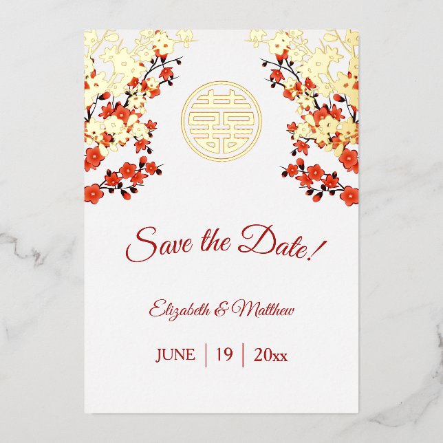 Invitation En Aluminium Mariage chinois double bonheur cerise fleurs (Recto)