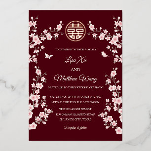 Invitation En Aluminium Mariage chinois en fleurs de cerisier rose poussié