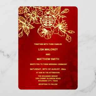 Invitation En Aluminium Mariage chinois en fleurs de cerisier rouge or