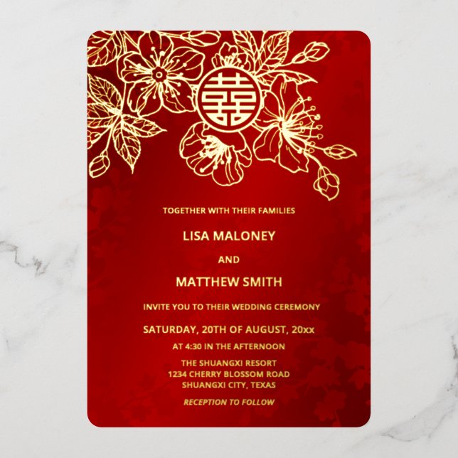 Invitation En Aluminium Mariage chinois en fleurs de cerisier rouge or (Recto)