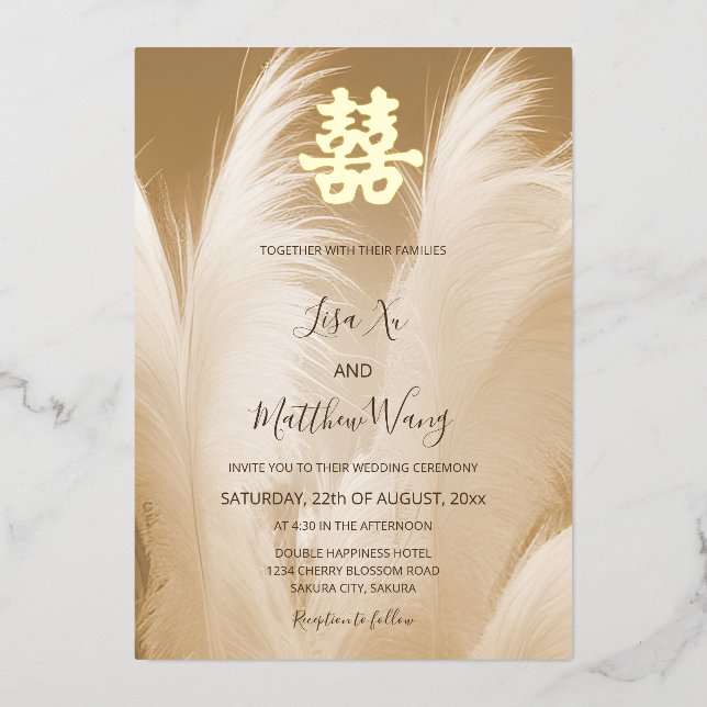 Invitation En Aluminium Mariage chinois en laiton beige Pampas (Recto)